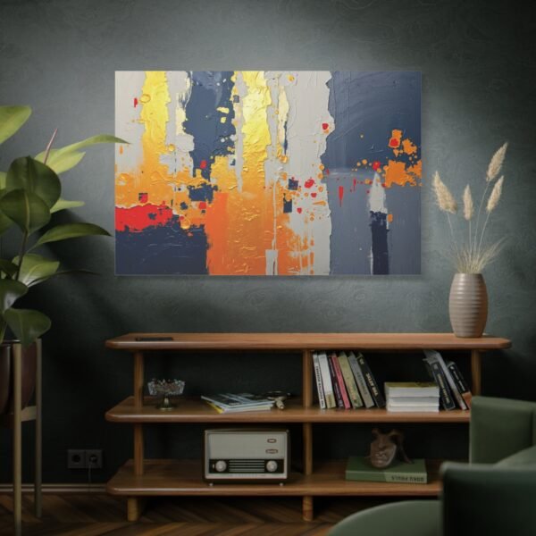 Canvas Artwork Print: Striking Abstract Painting with Navy Blue, Bright Yellow, Orange, and Red Hues - Image 2