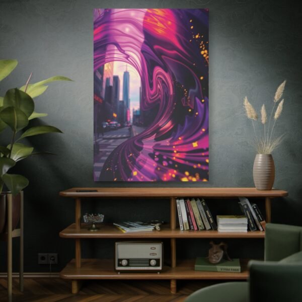 Abstract Urban Swirl Canvas Wall Art - Vibrant Cityscape with Psychedelic Vortex - Image 5
