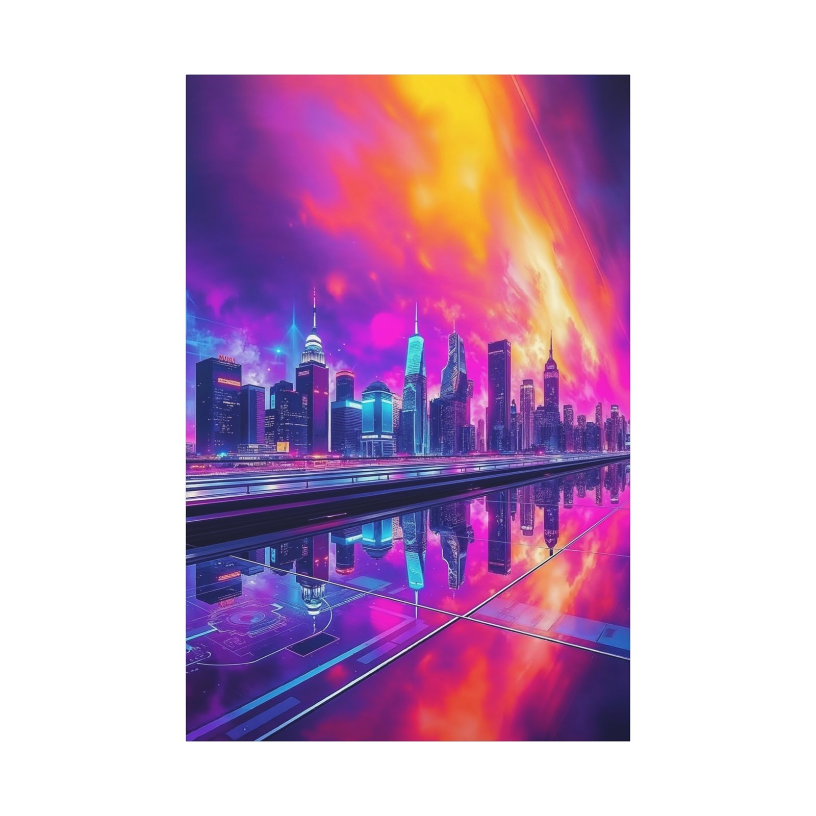 Vibrant Neon Cityscape Wall Art Canvas - Futuristic Skyline with Reflective Surface - Image 3