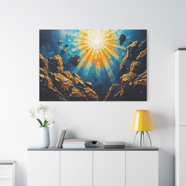 Stunning Abstract Canvas Print of Sunburst Over Rocky Landscape - Vibrant Blue and Gold Wall Art - Image 2