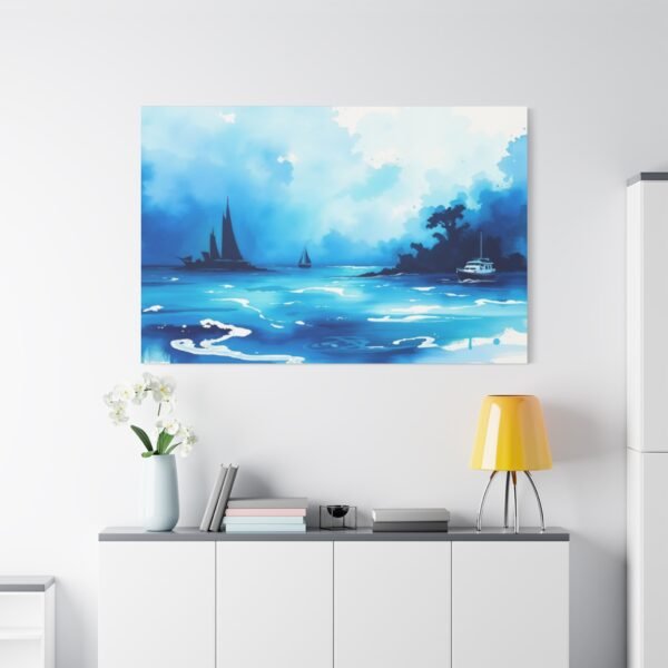 Stunning Blue Seascape Painting with Sailboats and Yacht - Serene Ocean Art Canvas Print - Image 2