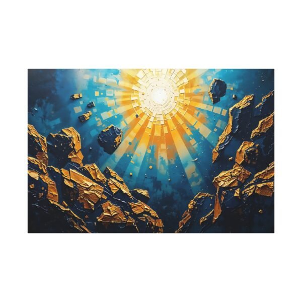 Stunning Abstract Canvas Print of Sunburst Over Rocky Landscape - Vibrant Blue and Gold Wall Art - Image 3