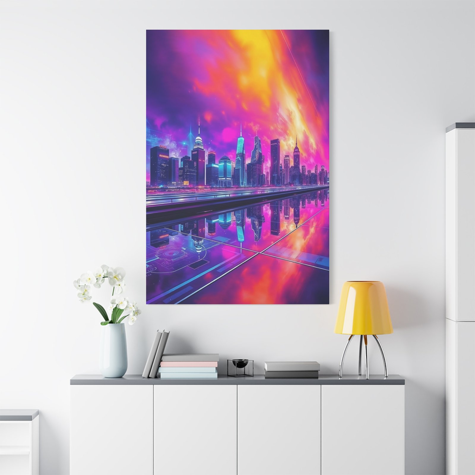 Vibrant Neon Cityscape Wall Art Canvas - Futuristic Skyline with Reflective Surface - Image 2