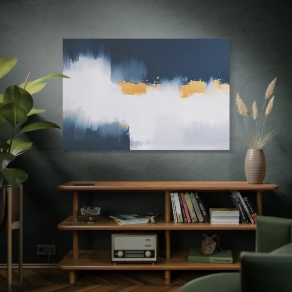 Captivating Abstract Art: Blue, White, and Gold Brush Strokes Canvas Print - Image 5