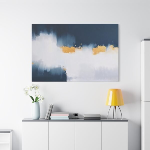 Captivating Abstract Art: Blue, White, and Gold Brush Strokes Canvas Print - Image 2