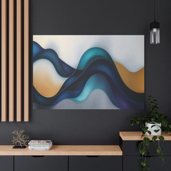 Abstract Wave Art: A Symphony of Blue and Gold Curves Canvas Print - Image 5