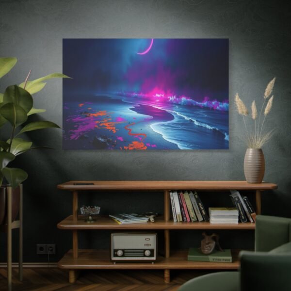Stunning Neon Moonlit Beach Canvas Print - Image 5