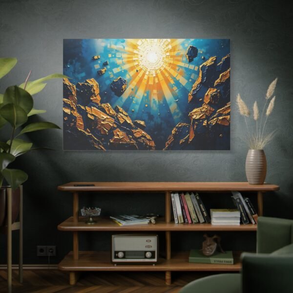 Stunning Abstract Canvas Print of Sunburst Over Rocky Landscape - Vibrant Blue and Gold Wall Art - Image 5