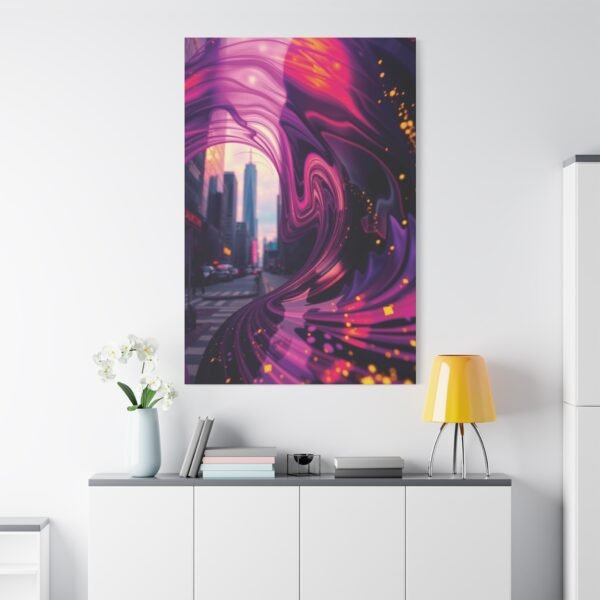 Abstract Urban Swirl Canvas Wall Art - Vibrant Cityscape with Psychedelic Vortex - Image 2
