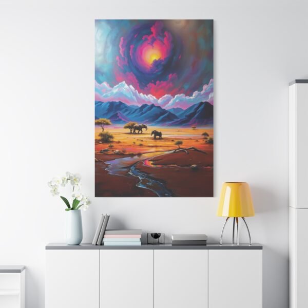 Vibrant Sunset Safari - Majestic Elephants in Colorful Desert Landscape Canvas Wall Art Print - Image 2