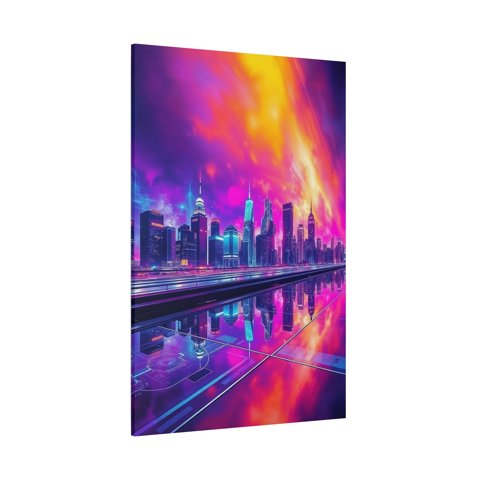 Vibrant Neon Cityscape Wall Art Canvas - Futuristic Skyline with Reflective Surface - Image 4