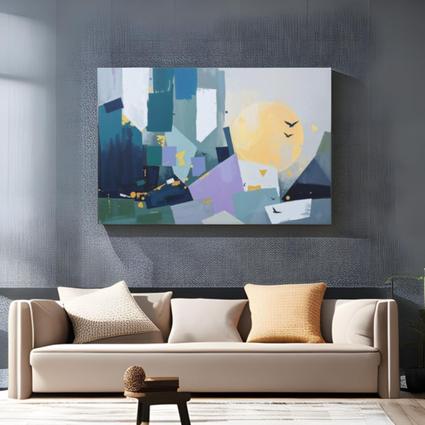 Abstract Geometric Sunrise - Modern Wall Art with Birds and Sun Canvas Print - Image 2