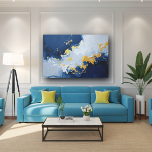 Canvas art featuring blue, white, and gold abstract fluid painting, displayed above a blue sofa in a modern living room.