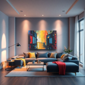 Canvas art featuring a vibrant abstract cityscape with yellow, blue, red, and black hues, displayed above a modern blue sofa in a living room.