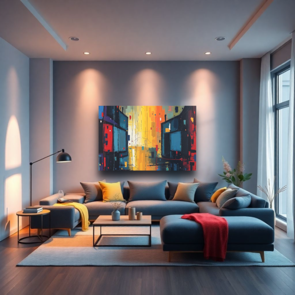 Canvas art featuring a vibrant abstract cityscape with yellow, blue, red, and black hues, displayed above a modern blue sofa in a living room.