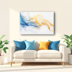 Canvas art featuring flowing blue and gold ribbons against a white background, displayed above a white sofa in a modern living room.
