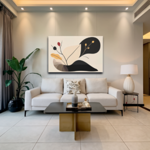 A living room with a white sofa and a canvas print featuring an abstract botanical design with organic shapes and earthy tones.
