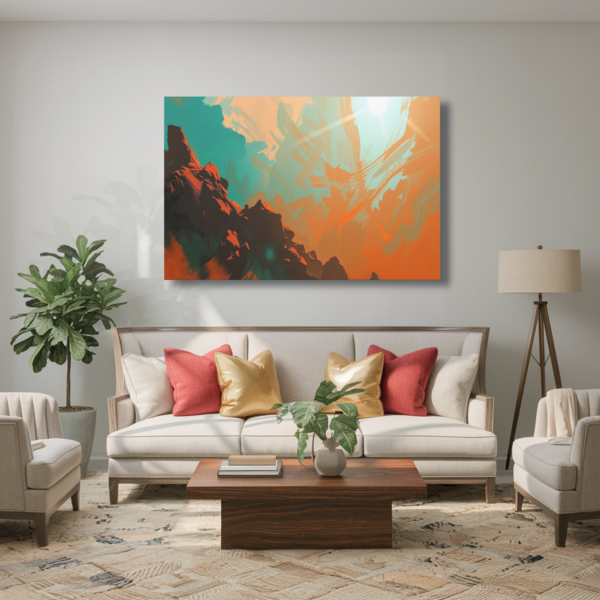 Abstract Mountain Landscape Canvas Wall Art - Vibrant Orange and Teal Sunset Canvas Print Art - Image 2