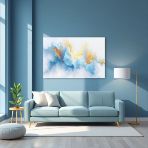 A blue room with a blue sofa and a canvas print featuring a fluid abstract design with blue and gold hues.