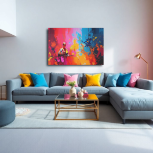 A living room with a gray sectional sofa and a canvas print featuring an abstract warrior figure against a vibrant background of red, pink, yellow, orange, blue, and black.