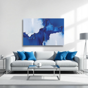 Canvas art featuring a blue and white abstract design with fluid art techniques, displayed above a white sofa in a modern living room.