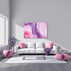 Canvas art featuring delicate pink petals against a vibrant purple background, displayed above a white sofa in a modern living room.