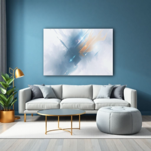 A blue room with a white sofa and a canvas print featuring an abstract design with blue, gray, and light tones.