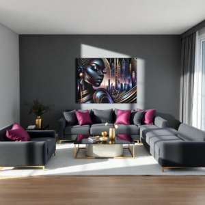 A living room with a gray sectional sofa and a canvas print featuring an Art Deco cityscape with a portrait and urban skyline.