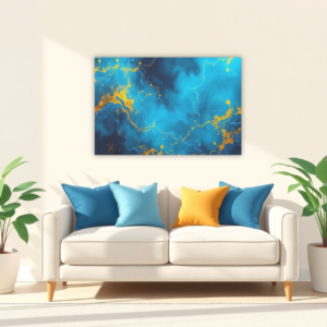 Abstract canvas art with swirling blue and gold, displayed in a living room setting.