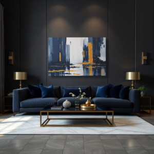 Canvas art featuring an abstract modern cityscape with blue, white, and golden yellow hues, displayed above a dark blue sofa in a contemporary living room.