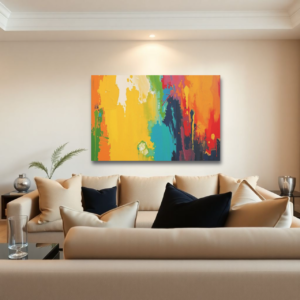 A living room with a beige couch and a canvas print featuring a vibrant abstract design with a yellow background and multicolored strokes.