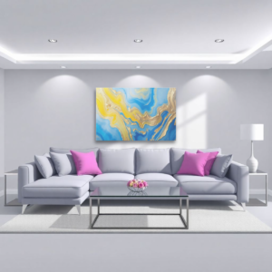 A living room with a gray sectional sofa and a canvas print featuring an abstract design with swirling blue, yellow, and gold tones.