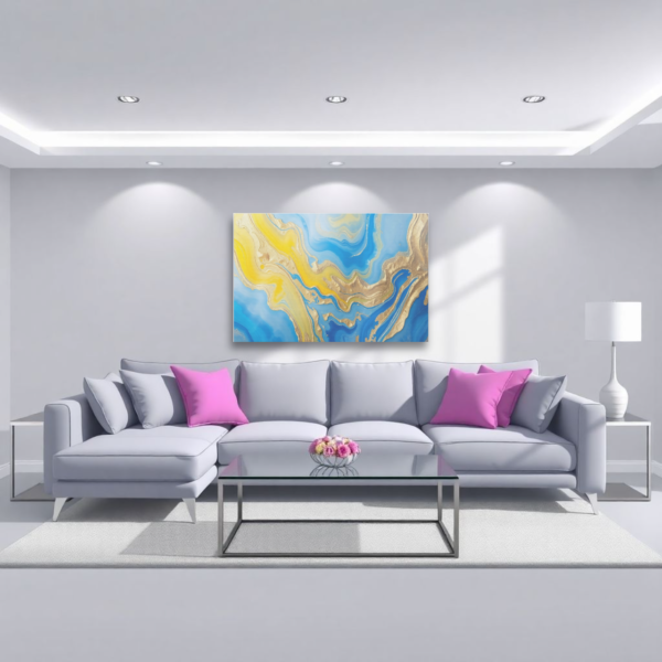 A living room with a gray sectional sofa and a canvas print featuring an abstract design with swirling blue, yellow, and gold tones.