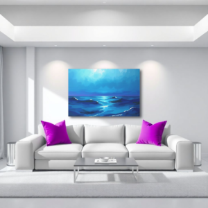 A living room with a white sofa and a canvas print featuring a moonlit ocean scene with deep blue waters and gentle waves.