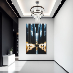 Canvas art depicting a futuristic hallway with reflective surfaces and silhouetted figures, displayed in a modern hallway.