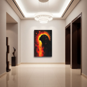 Canvas art featuring a silhouette of an African woman against a radiant sunflower backdrop, displayed in a modern hallway.