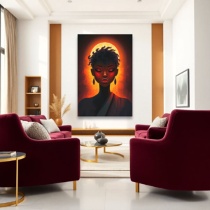 Canvas art featuring a silhouette figure with curly hair against a radiant, sun-like background, displayed in a modern living room with burgundy armchairs.