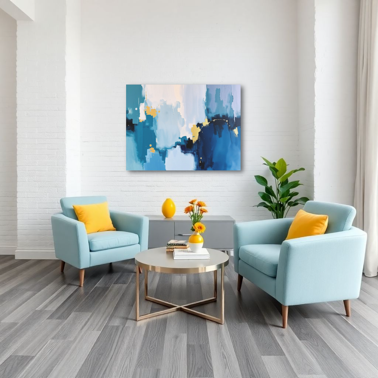 A living room with light blue armchairs and a canvas print featuring an abstract design with blue, white, and gold strokes.