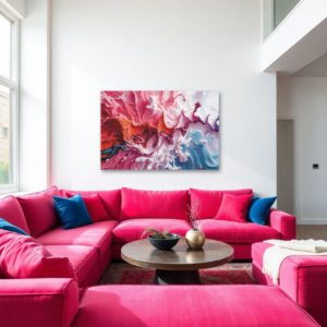A living room with a bright pink sectional sofa and a canvas print featuring an abstract design with swirling pink, white, and blue tones.