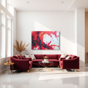 A modern living room with a red velvet sofa and a canvas print featuring an abstract design with swirling red and white patterns.
