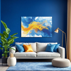 A blue room with a white sofa and a canvas print featuring a fluid abstract design with blue and yellow hues, resembling fluid dynamics.