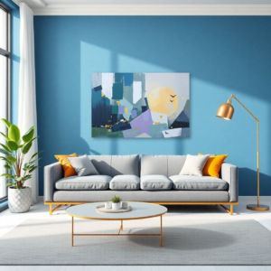 A living room with a gray sofa and a canvas print featuring abstract geometric shapes in blue, gray, and yellow tones.