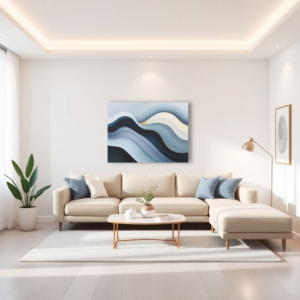Canvas art depicting undulating waves in shades of blue, white, and black, displayed above a beige sofa in a minimalist living room.
