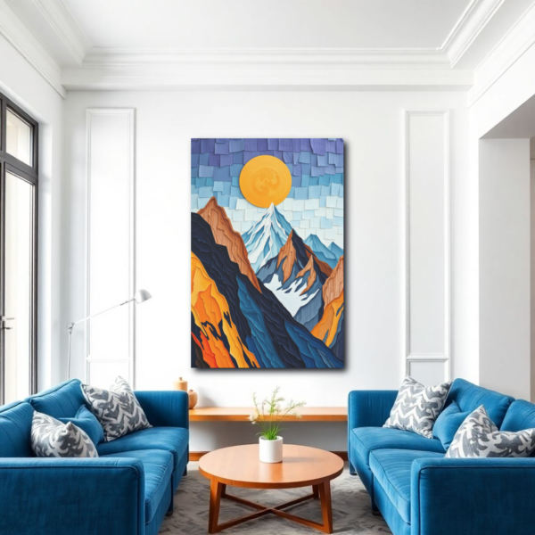 A living room with blue sofas and a canvas print featuring a stylized mountain landscape with a large yellow sun.