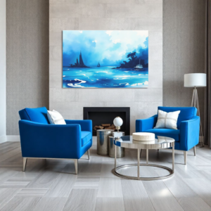 Blue seascape canvas art featuring sailboats, displayed in a modern living room.