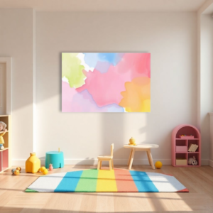 A playroom with a canvas print featuring pastel watercolor washes in pink, blue, yellow, and green.
