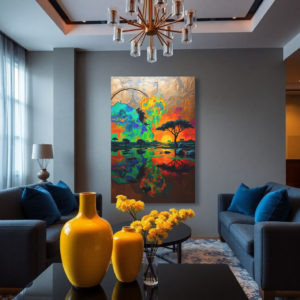 Canvas art featuring a vibrant African sunset landscape with fiery orange, red, and psychedelic green/blue hues, displayed above a gray sofa in a modern living room.