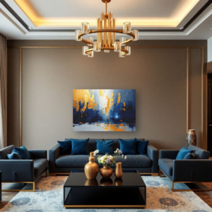 A living room with gray sofas and a canvas print featuring an abstract cosmic landscape with blue and gold tones and a lone figure.