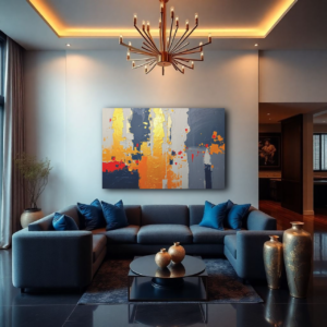 A living room with a gray sectional sofa and a canvas print featuring a bold abstract painting with textured layers in vibrant colors.