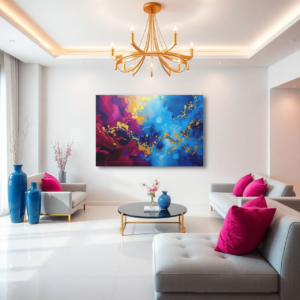 A living room with gray sofas and a canvas print featuring an abstract space art piece with magenta, blue, and gold hues.